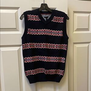 Tommy Hilfiger Boys Navy Knit V-Neck Sweater Vest with Read & White Stripes